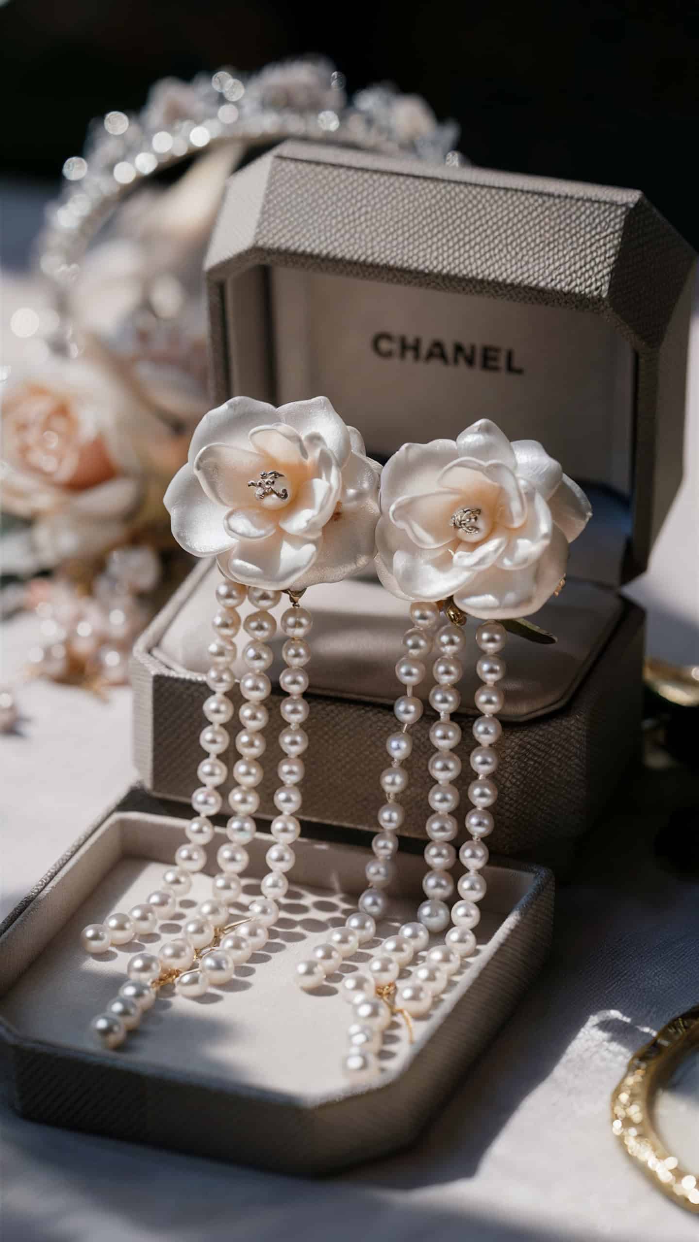 Chanel Camellia Draped Pearls Earrings