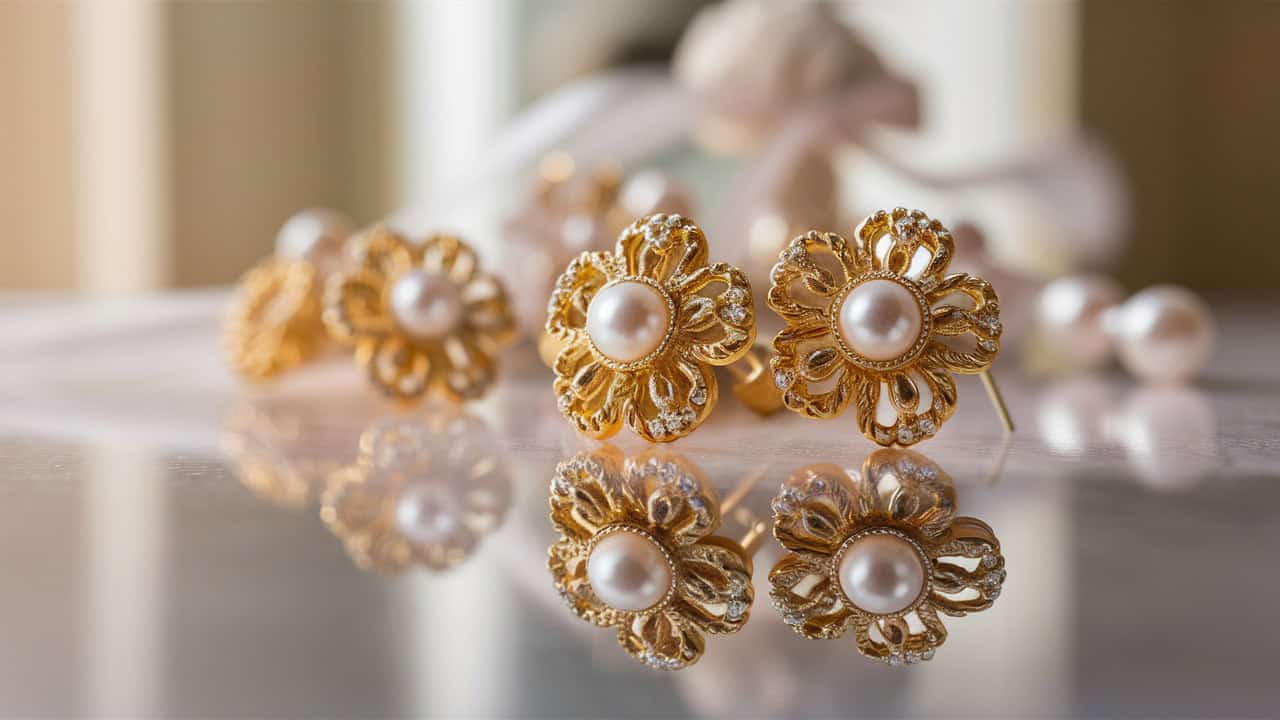 wedding earrings gold pearl