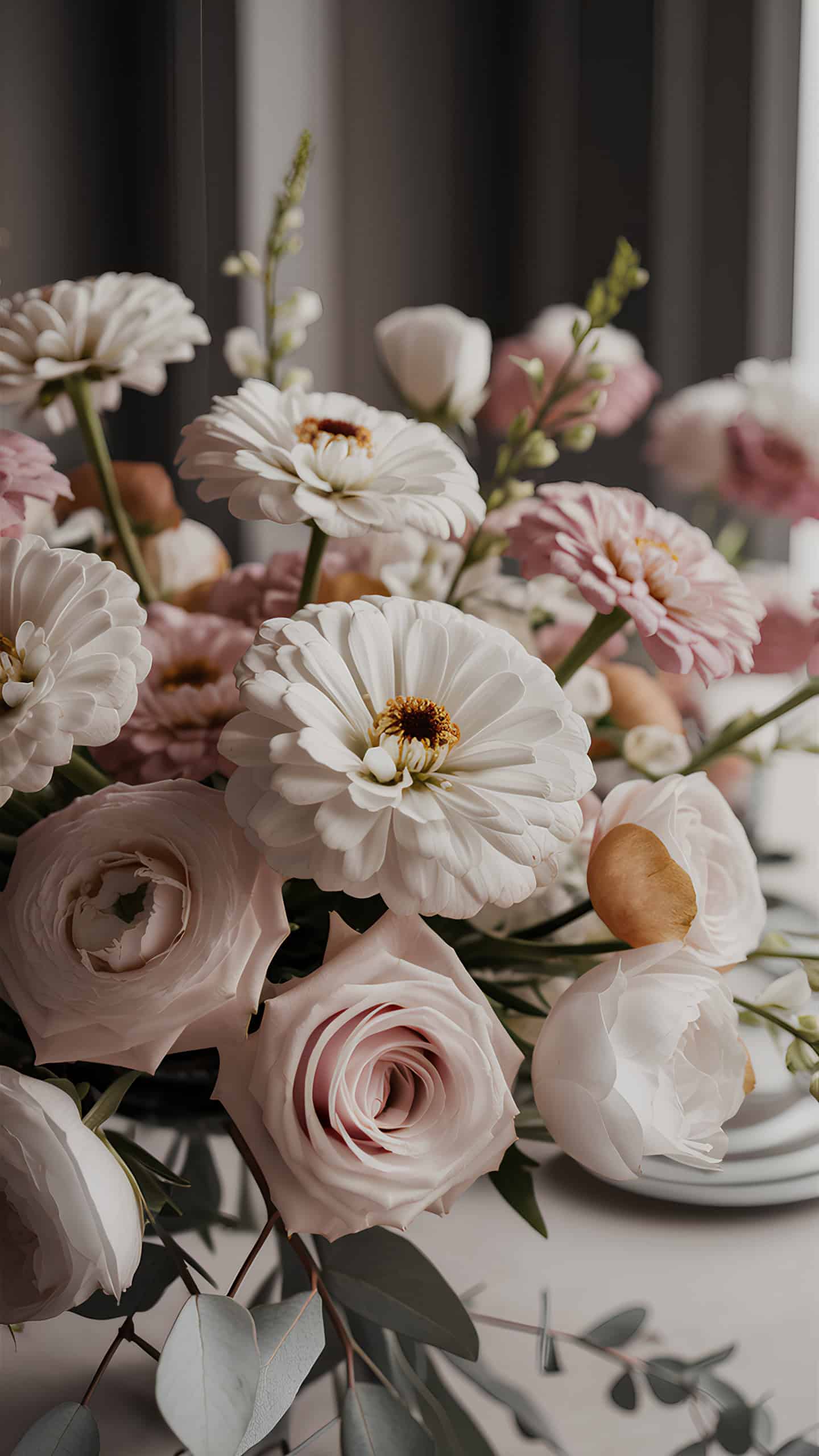 Elegant White and Pink Zinnias