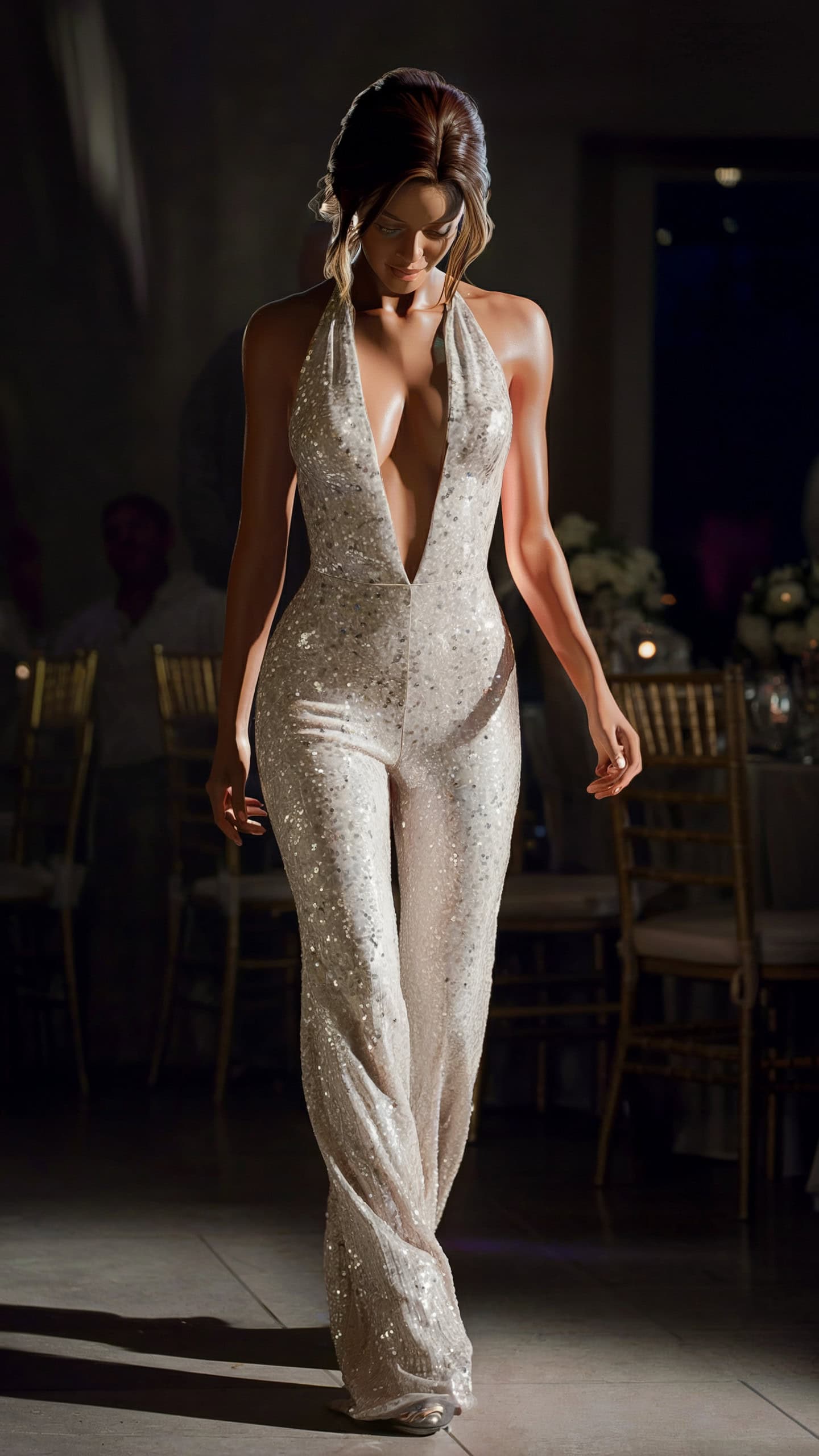 Plunging Neckline Sequin Jumpsuit