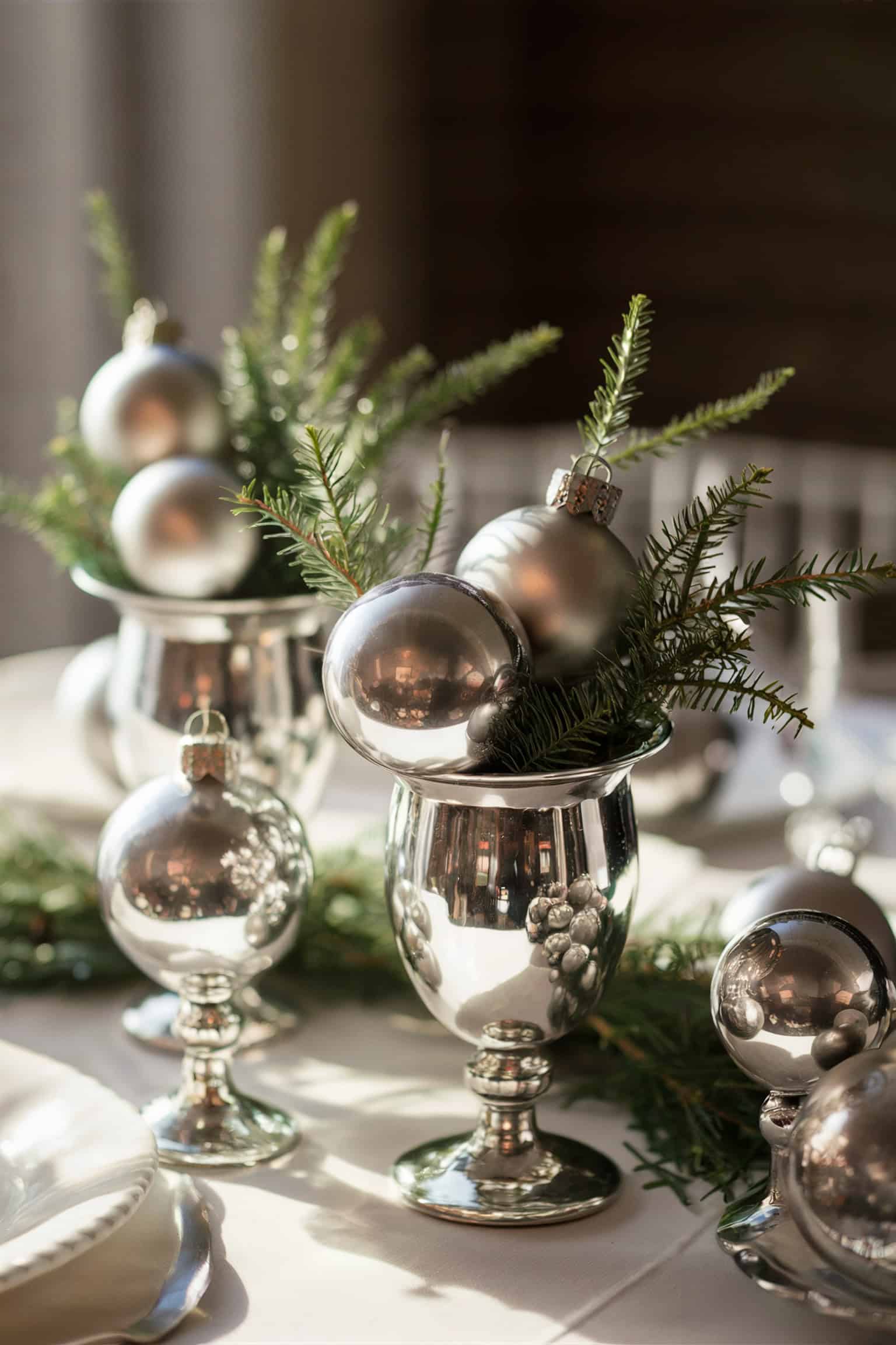 Silver Ornaments in Mercury Glass Vases