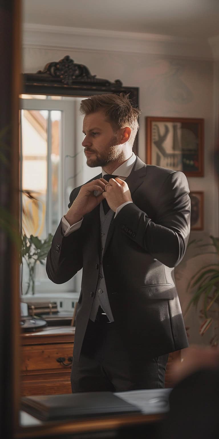 jakecain7 A photorealistic image of a groom adjusting his tie f224c594 3bb1 4cb4 b05f 61eaec46ddf0 2