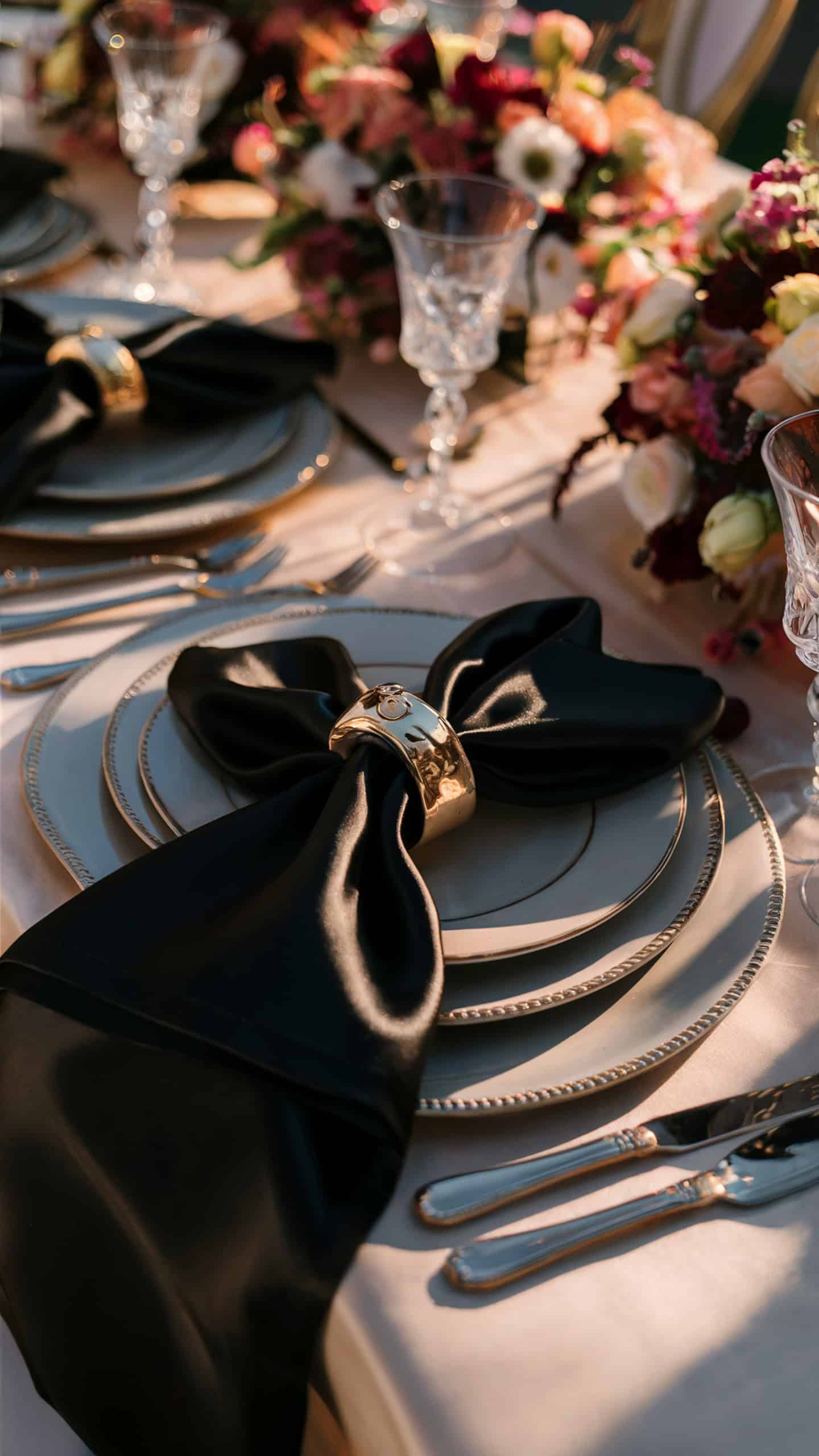 Black Satin Napkins with Gold Napkin Rings