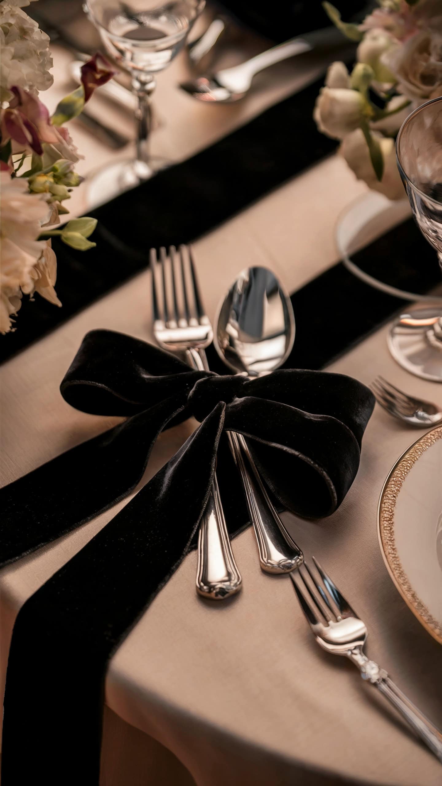 Black Velvet Ribbon Tied Around Cutlery
