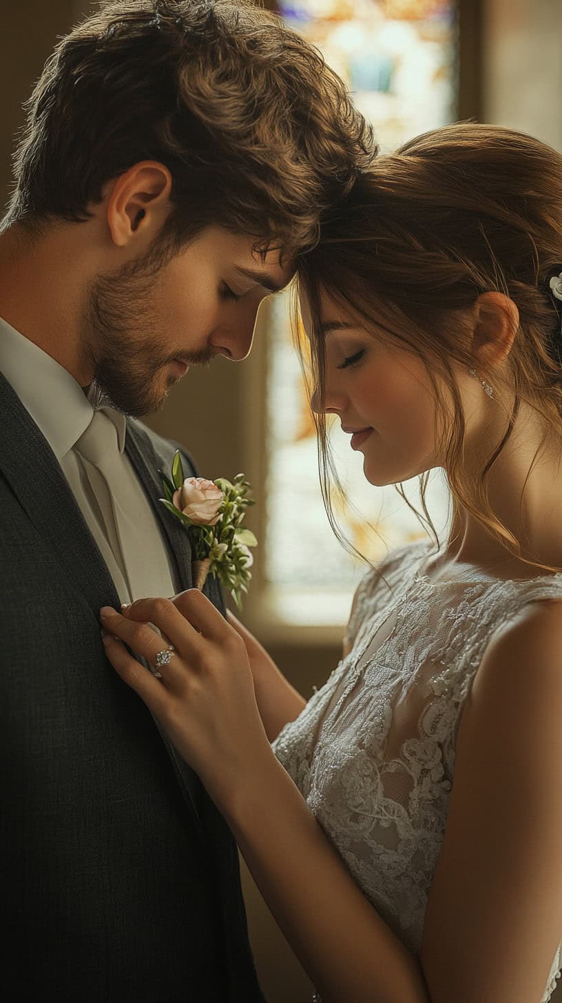 Bride Fixing Grooms Boutonniere