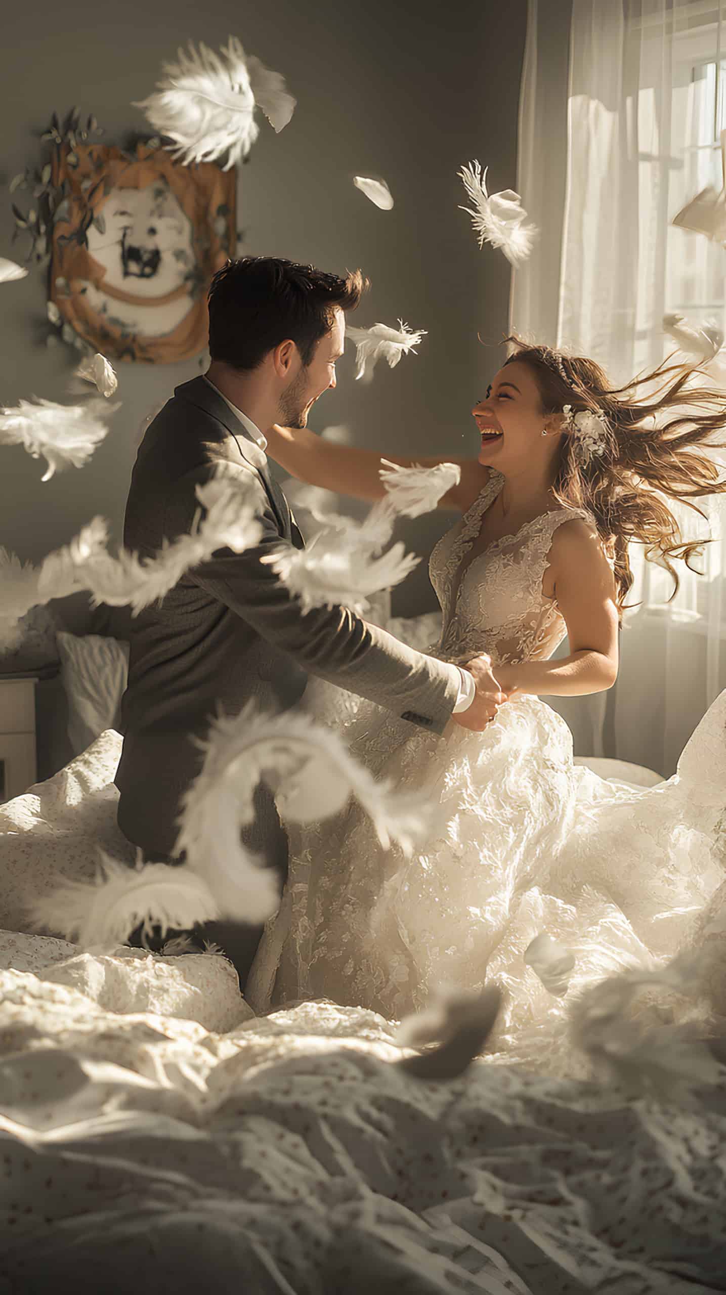 Bride and Groom Pillow Fight