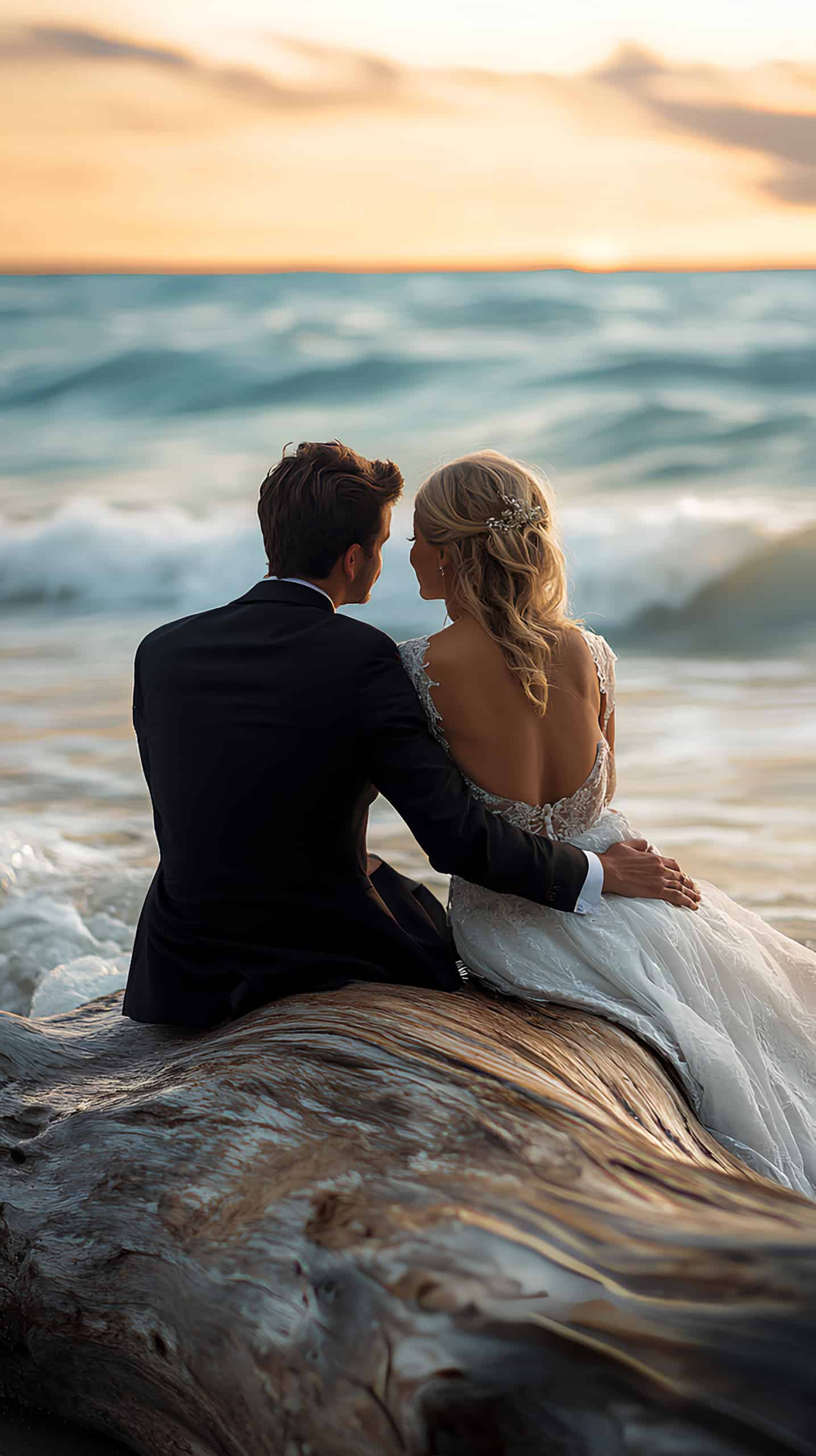 Bride and Groom Sitting on a Driftwood Log