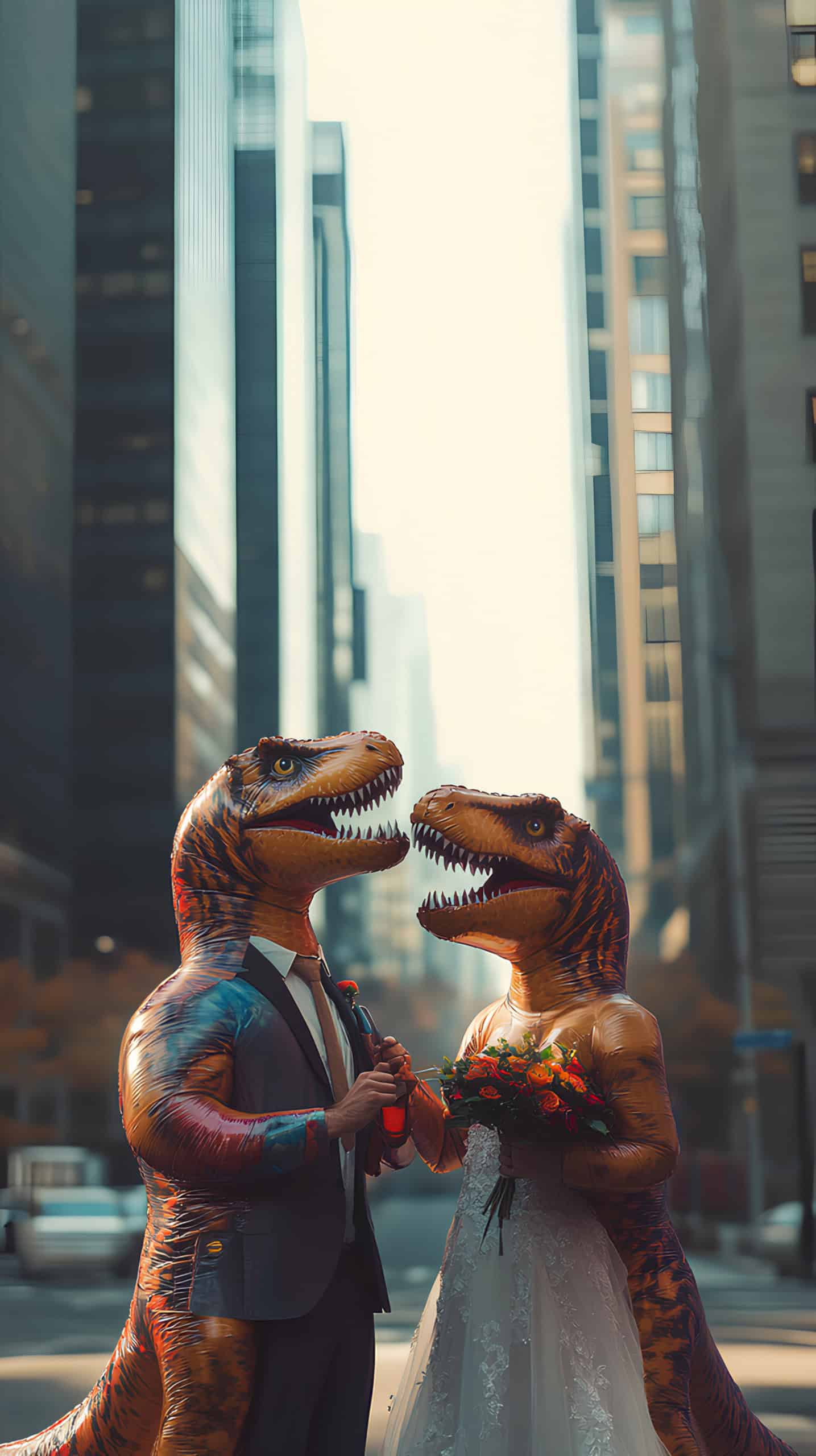Bride and Groom in Dino Costumes
