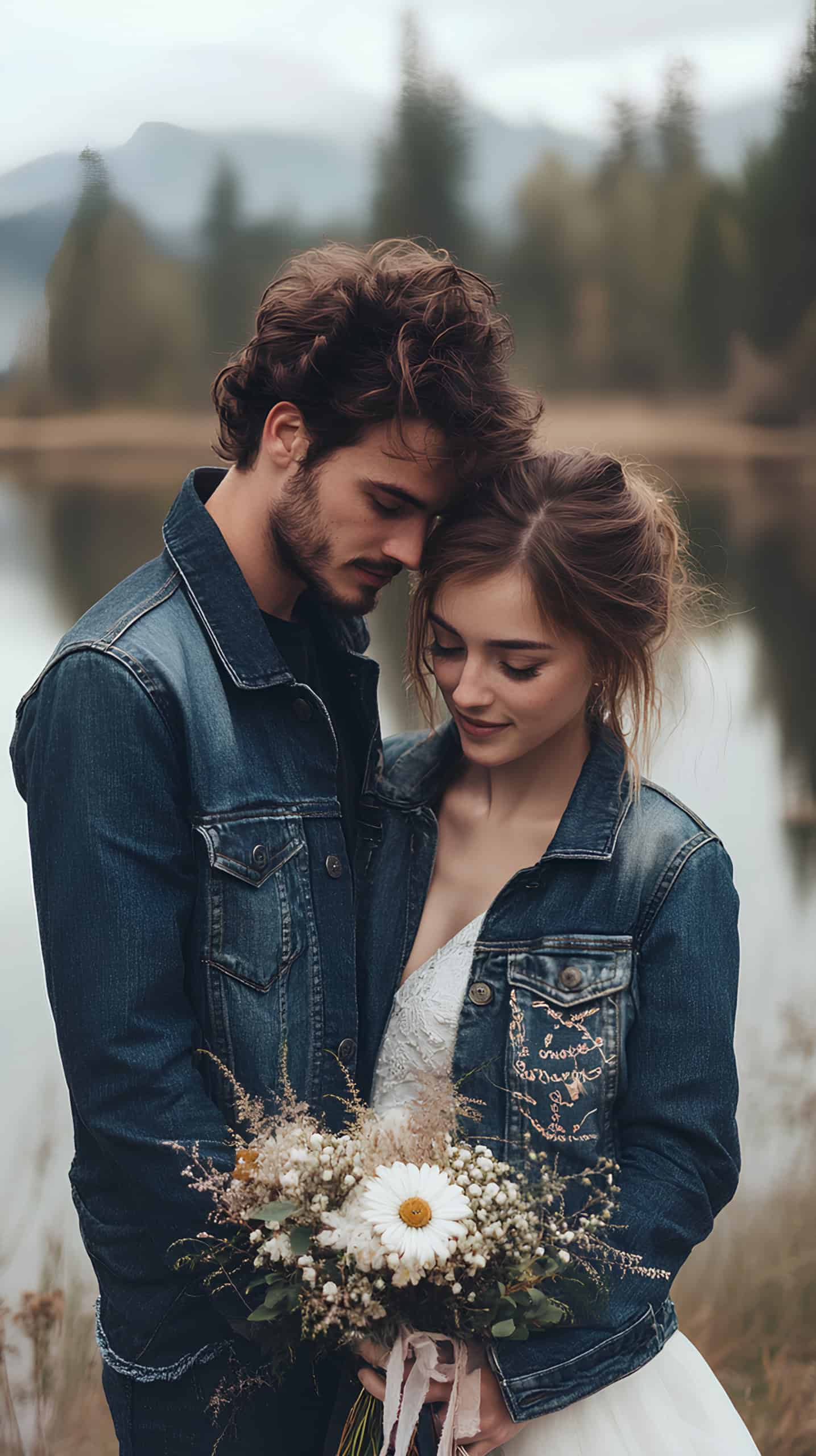 Bride and Groom in Matching Denim Jackets