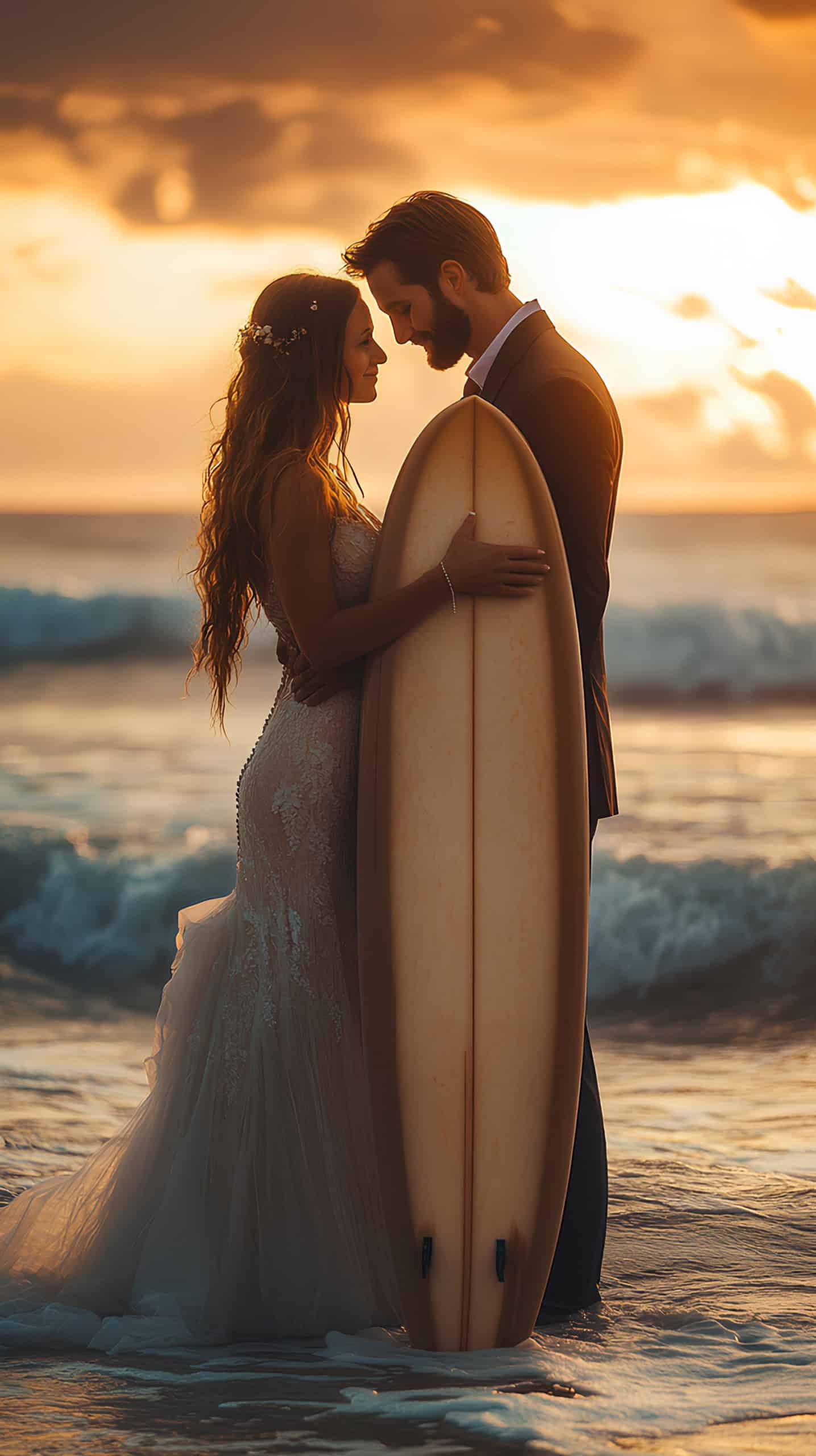 Bride and Groom in a Surfboard Hug