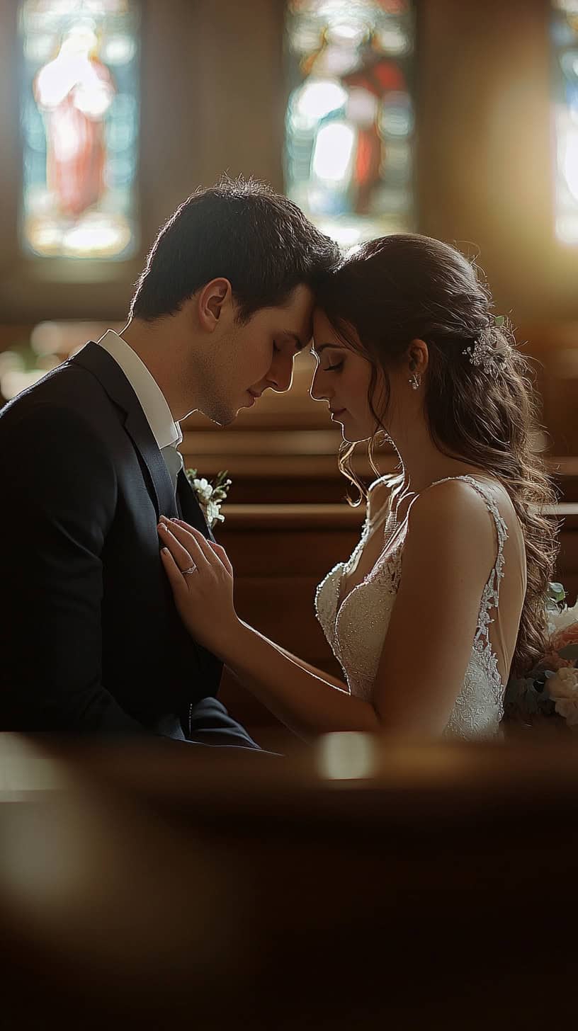Couple Sitting in Pews Holding Hands