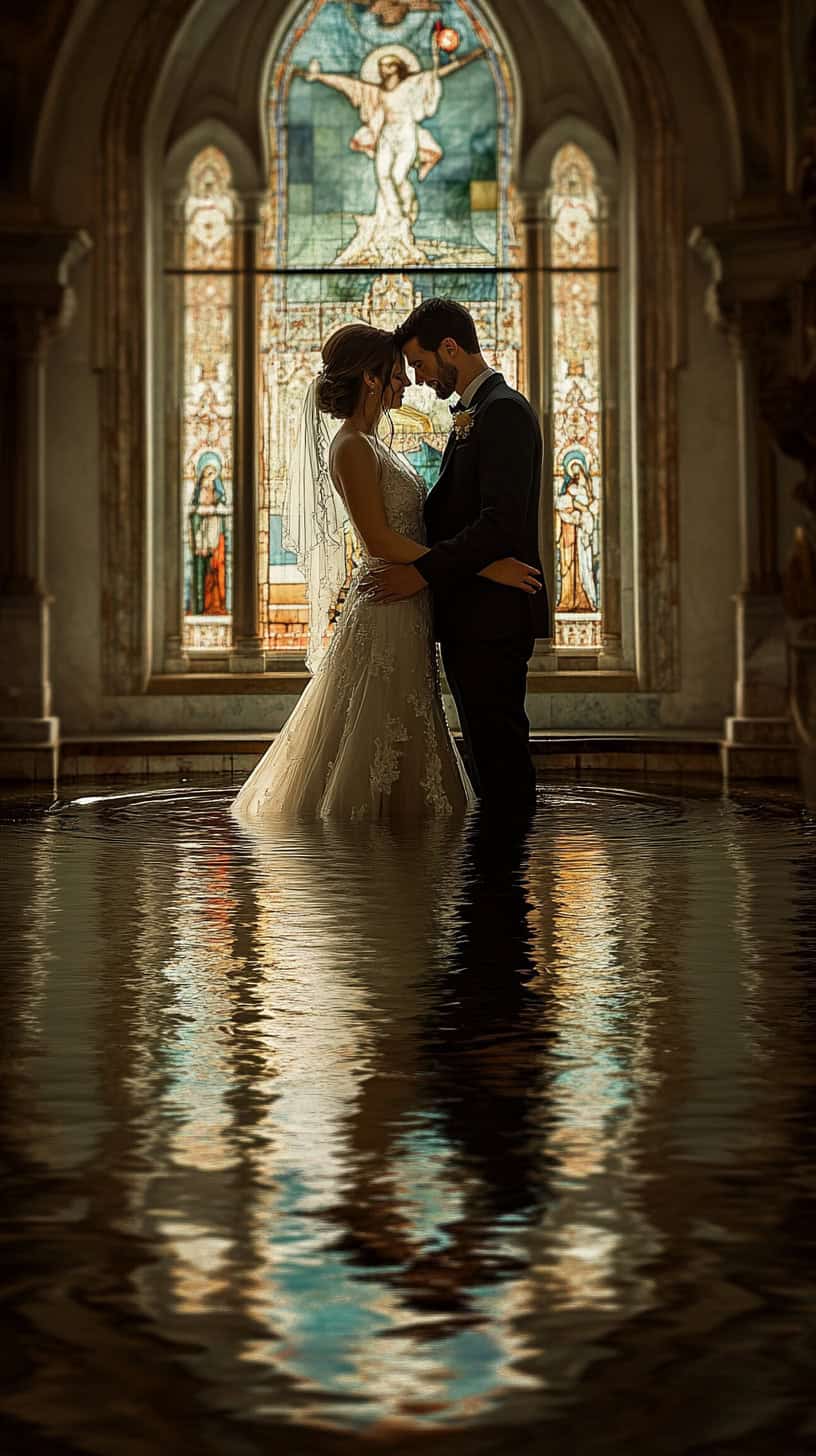 Couples Reflection in Holy Water Font