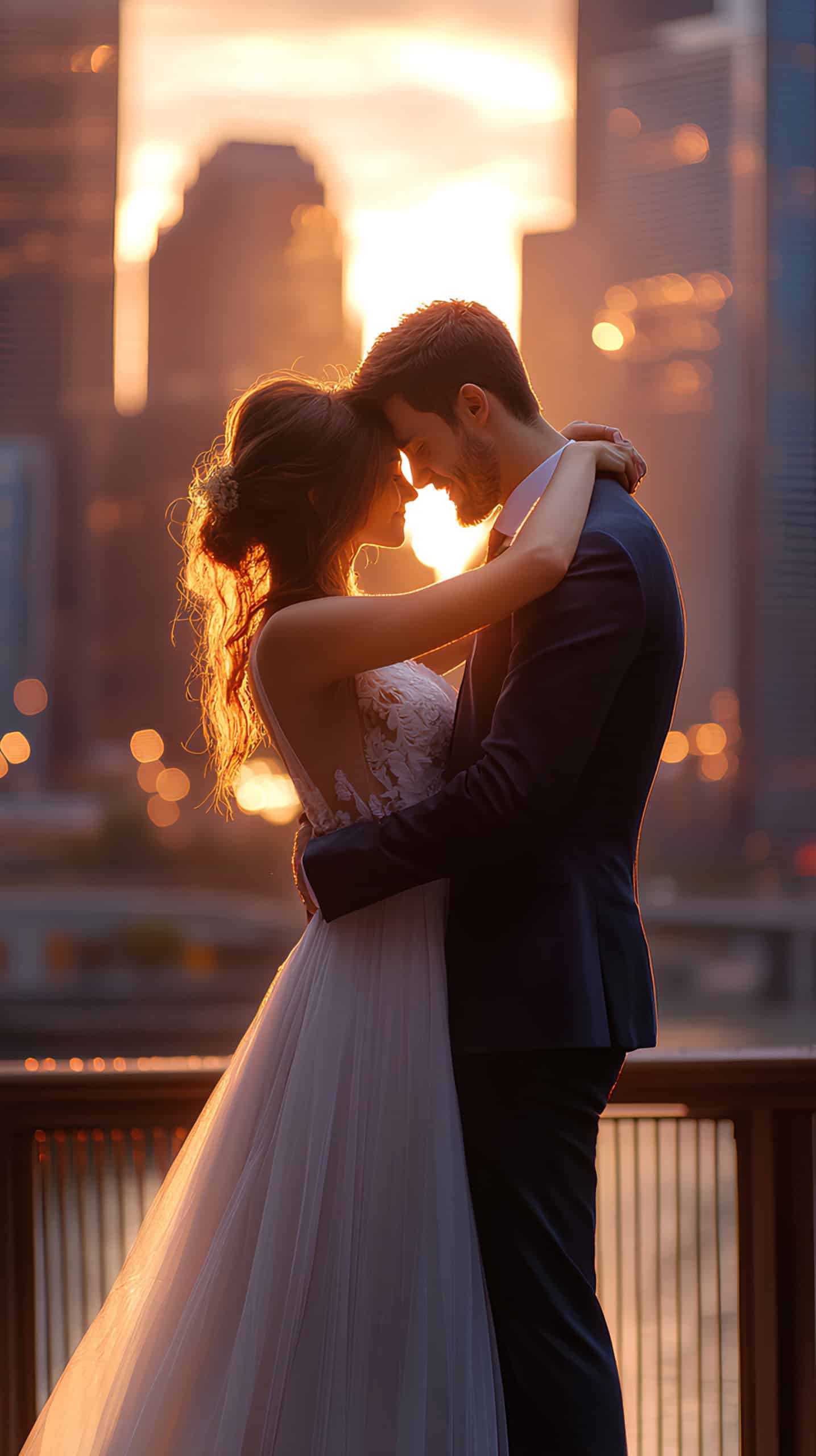 Embracing on a City Bridge