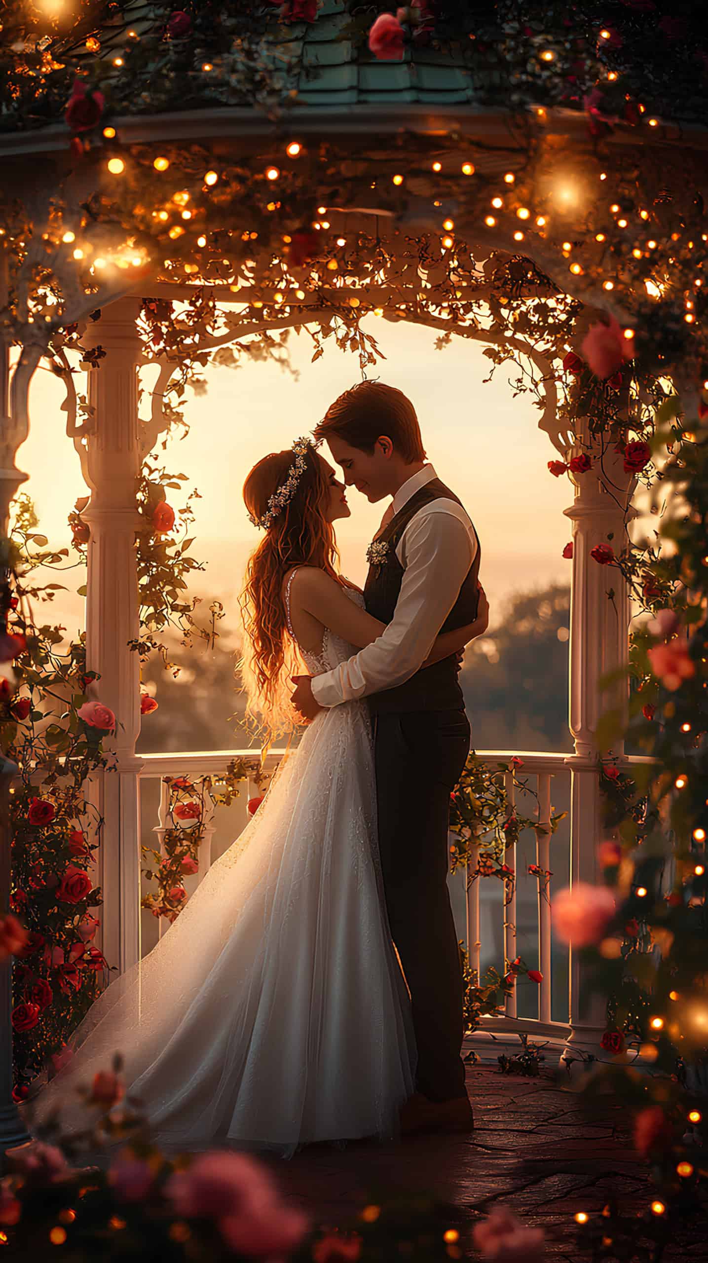 Bride and groom dancing in a flower gazebo