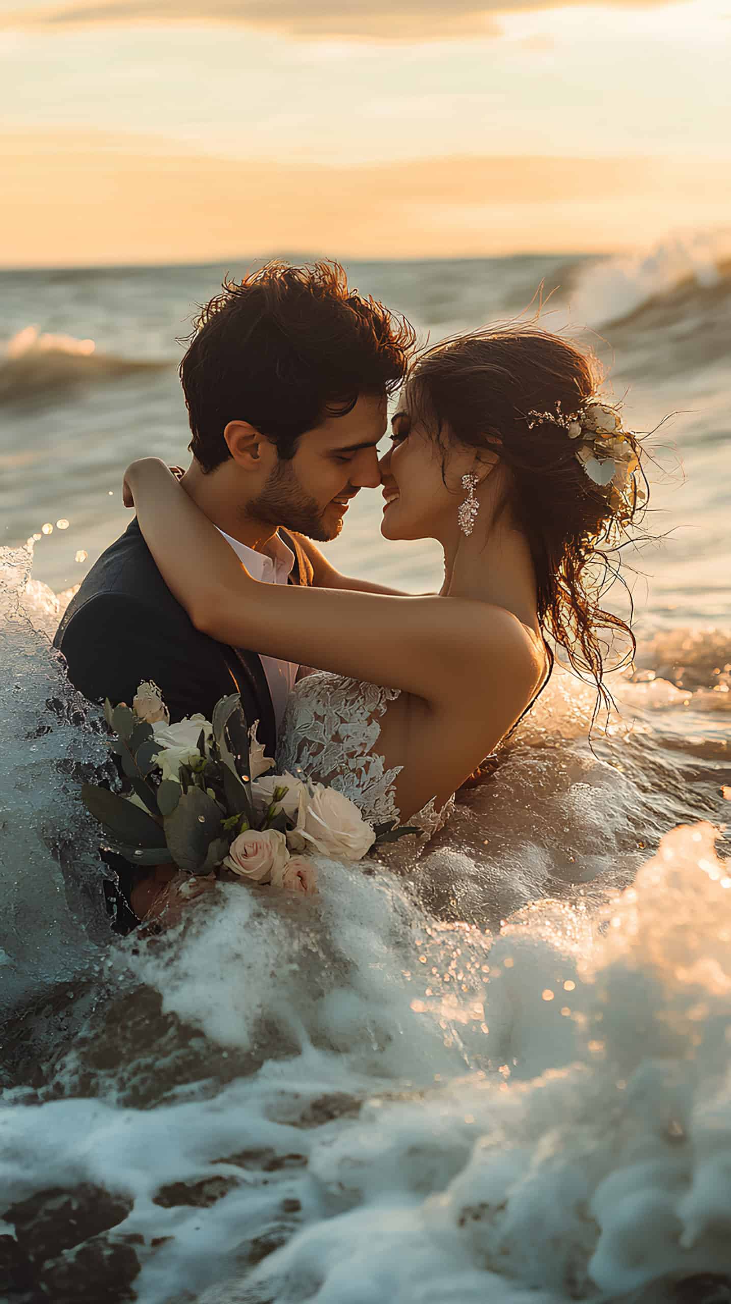 Groom Lifting Bride in the Surf