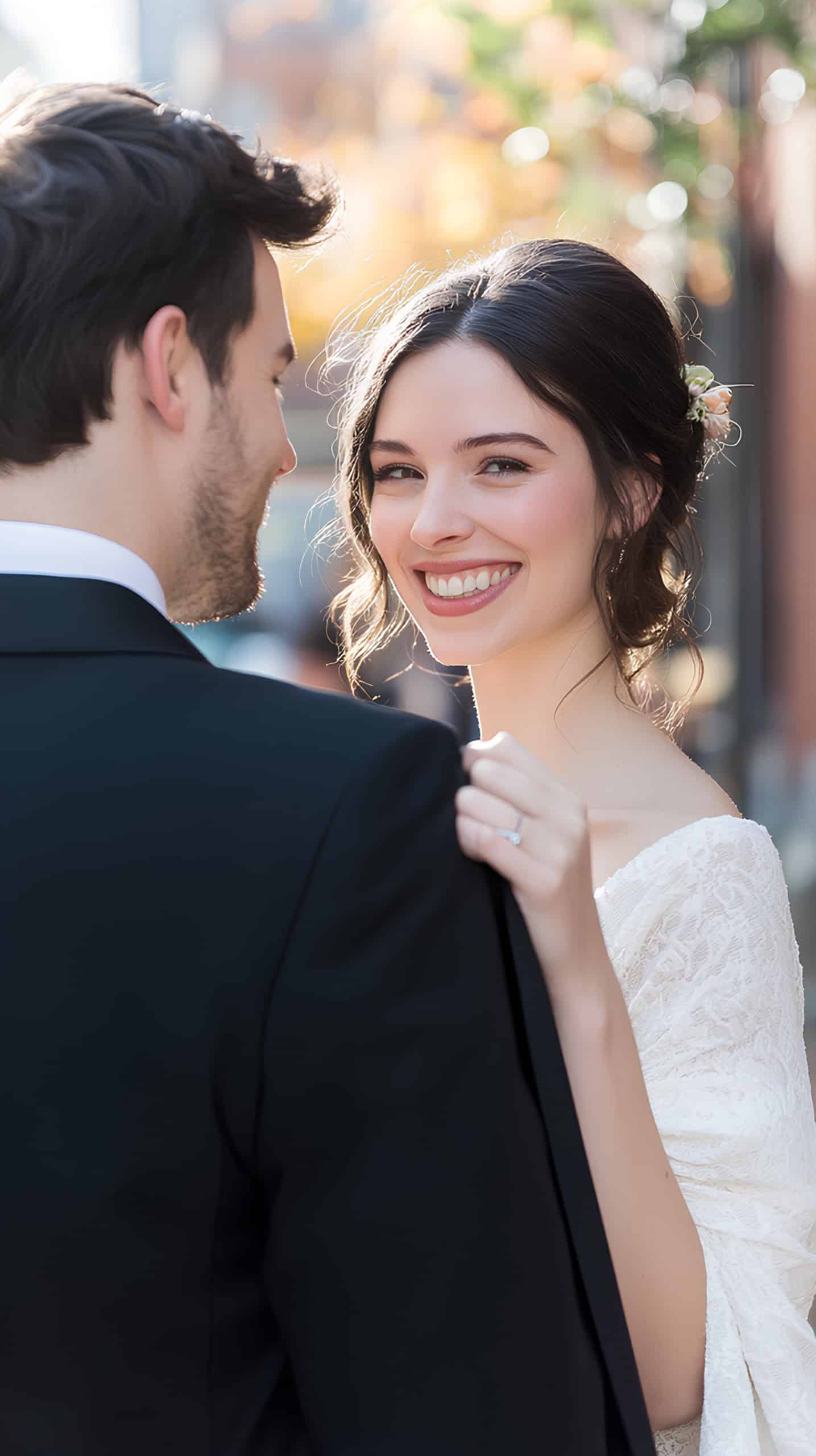Groom's Jacket Over Bride's Shoulders