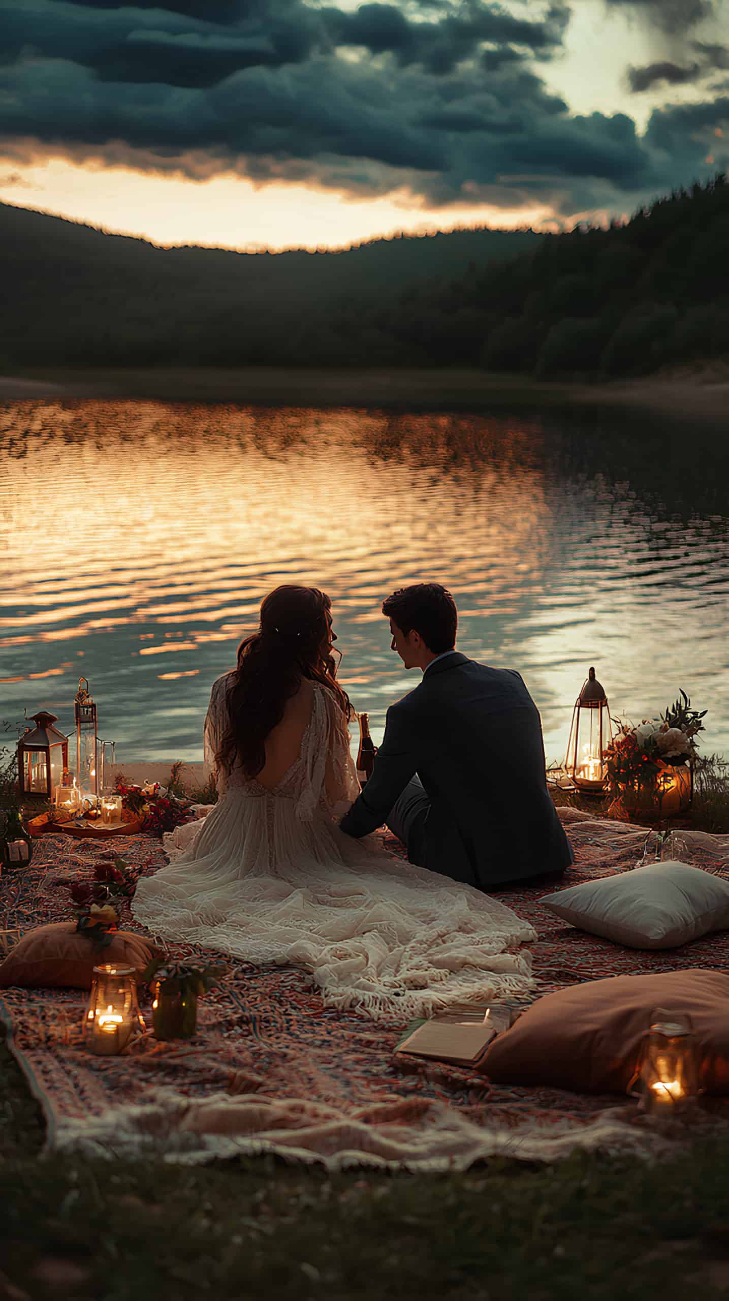 Picnic on the Shore With a Bottle of Champagne