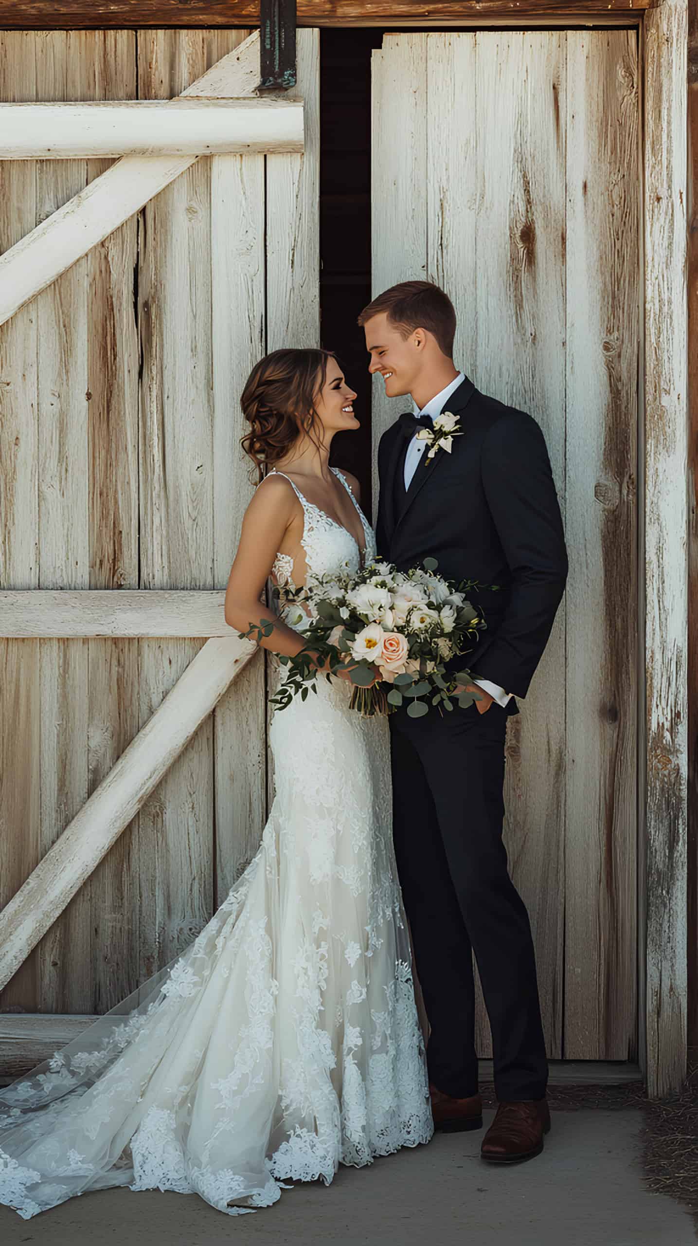Bride and groom in front of a rustic barn