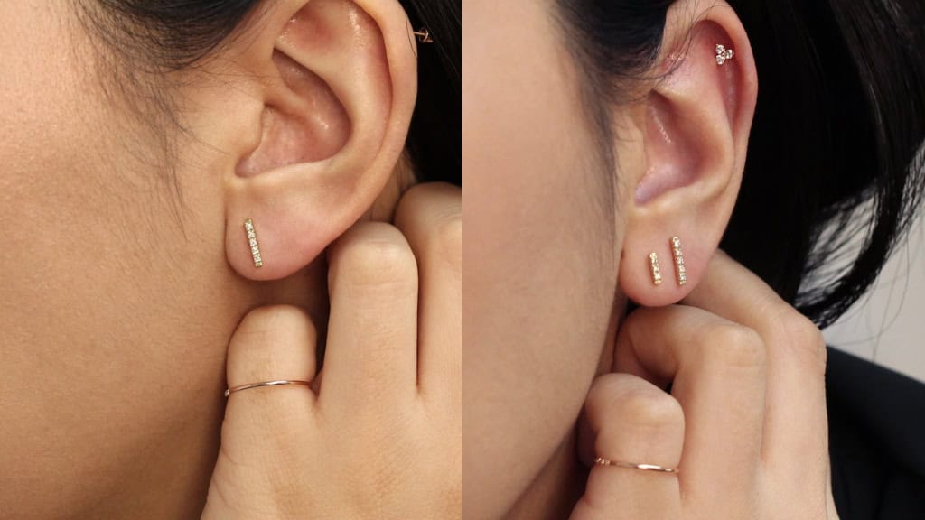 14k Gold Diamond Bar Stud Earrings