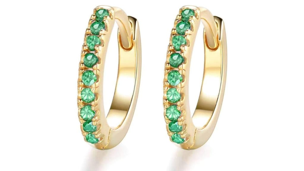 14k Gold Emerald Huggie Earrings