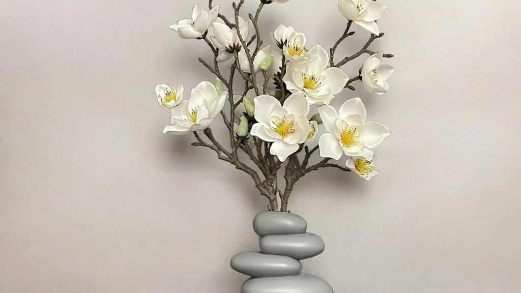 Artificial White Magnolia in Handmade Plaster Vase