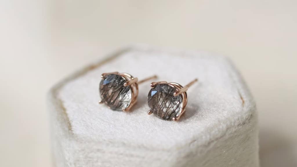 Black Rutilated Quartz Stud Earrings 7mm