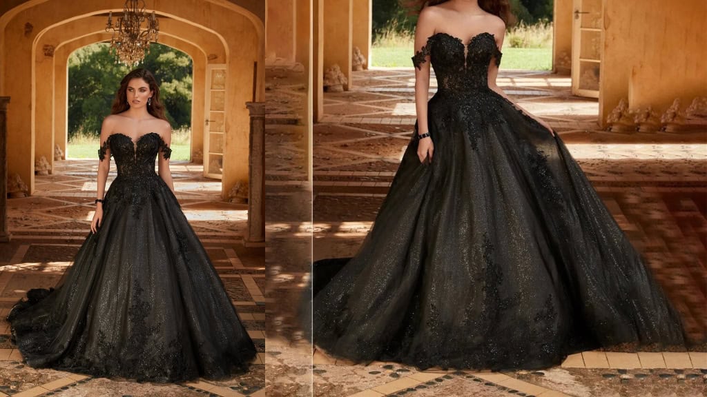 Black Embroidered Bridal Dress with Train