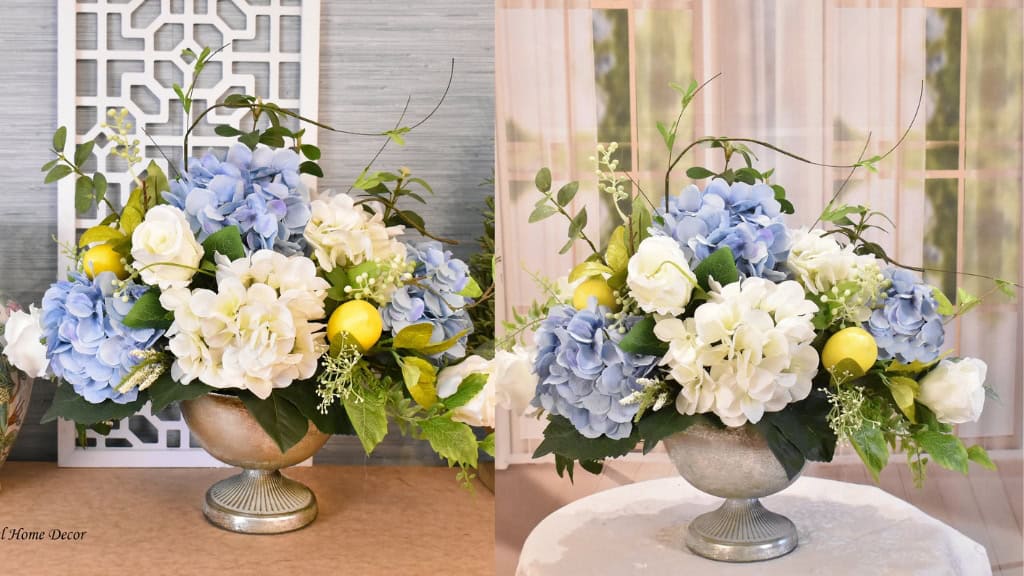 Blue & White Hydrangea Lemon Centerpiece