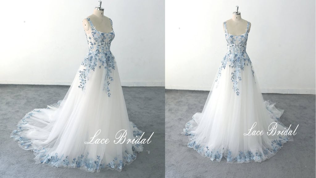 Blue Lace Wedding Dress with Straps