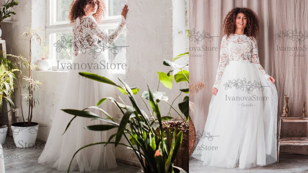 Elegant Boho Lace Crop Top Wedding Dress