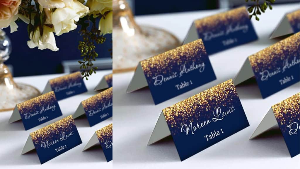 Gold Sparkle & Navy Wedding Place Card Tents
