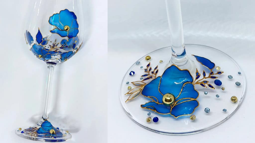 Hand-Painted Blue Floral Wine Glass Set