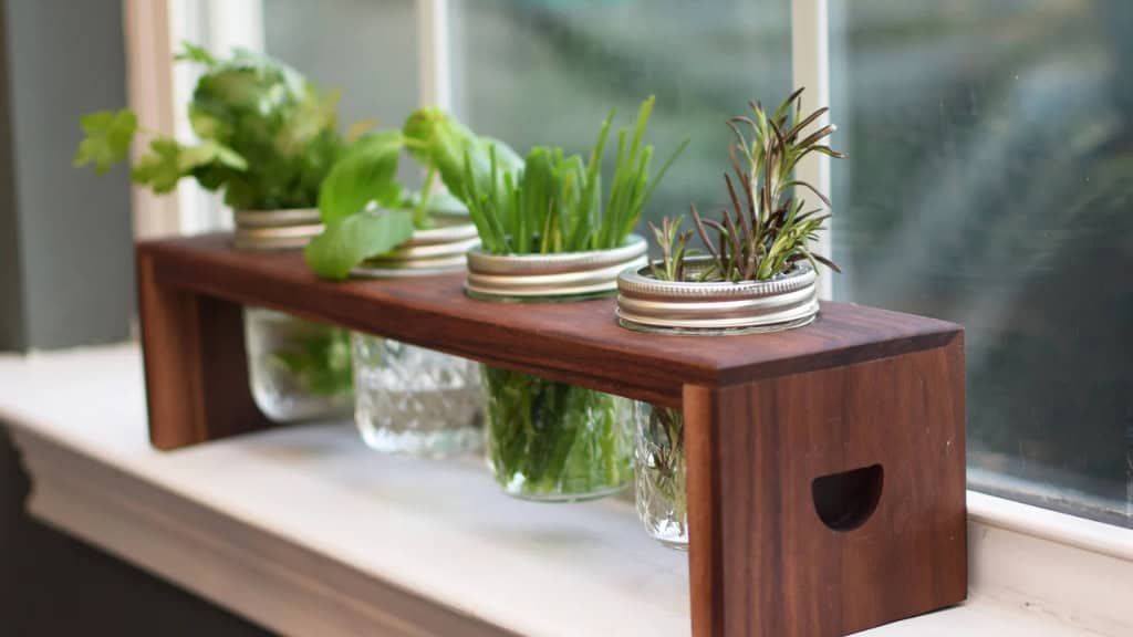 Walnut Herb Planter with Mason Jars