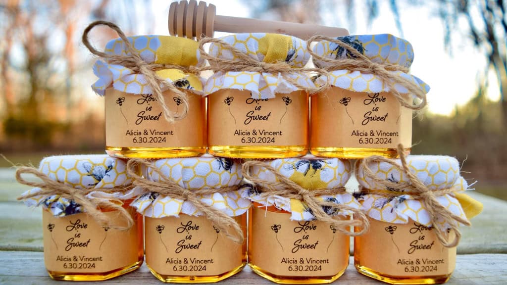 Honey Jar Wedding Favor with Fabric Topper