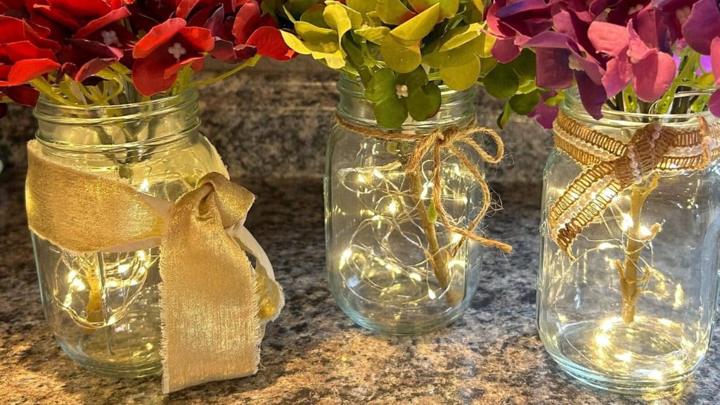 Mason Jars with Faux Hydrangeas & Lights