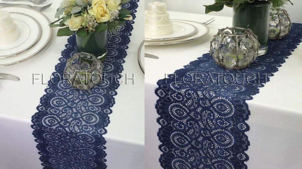 Navy Blue Scalloped Lace Table Runner
