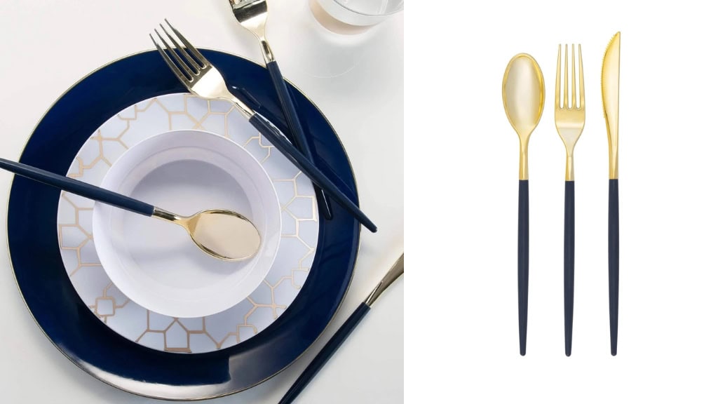 Navy & Gold Disposable Cutlery Set for 8
