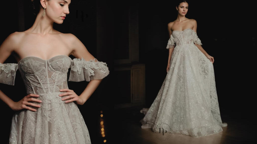 Off-White Off-Shoulder Floral Lace Wedding Dress