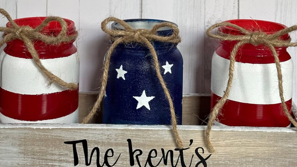 Patriotic Mason Jar Set with Wooden Holder