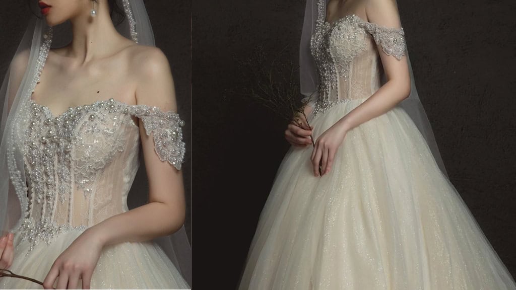 Pearl Embellished Off-Shoulder Ball Gown