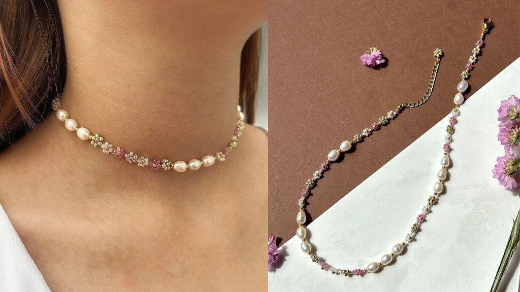 Pink Flower Freshwater Pearl Necklace