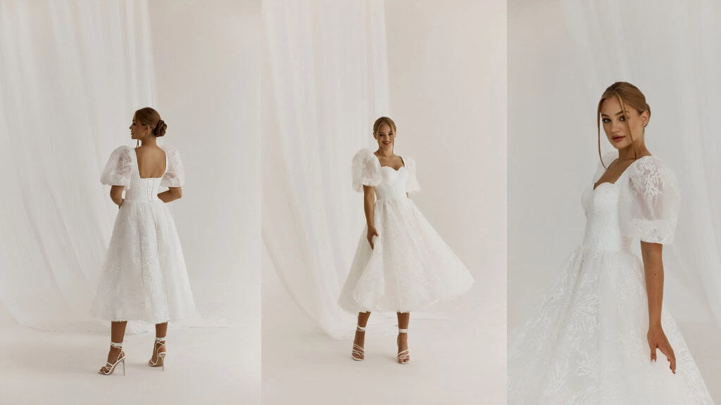 Organza Puff Sleeve Midi Wedding Dress