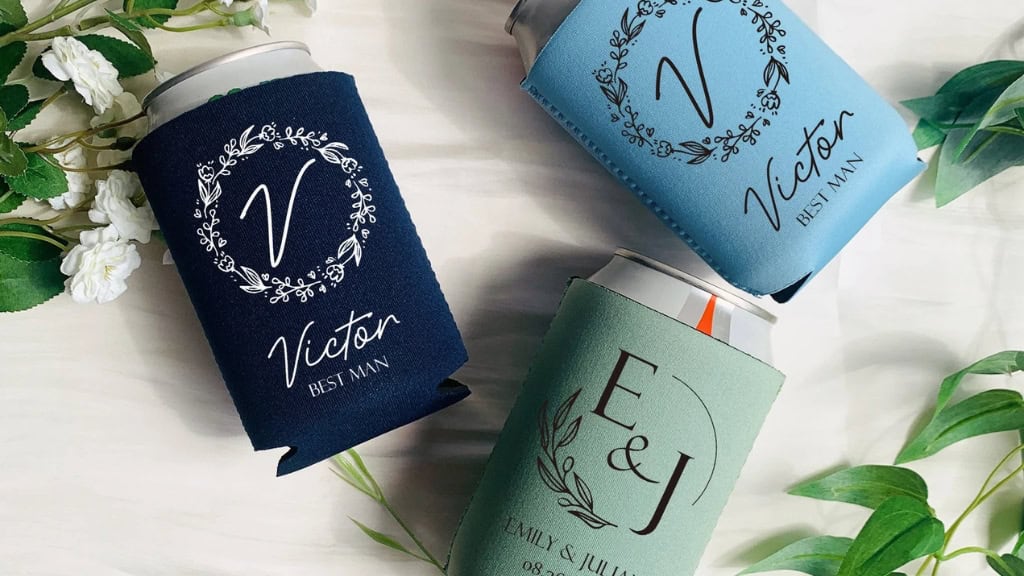 Purple Floral Wedding Can Cooler