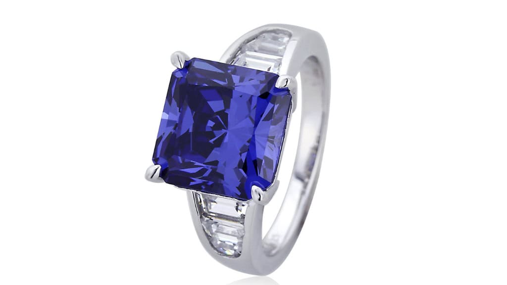 Simulated Tanzanite Cushion Cut Ring