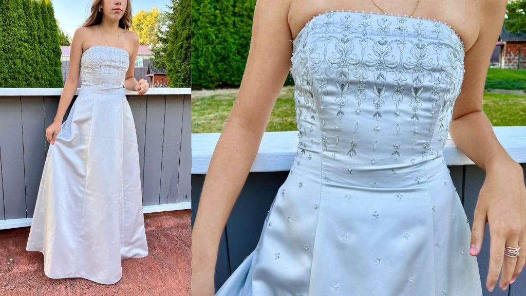 Strapless Gray-Blue Dress with Beaded Bodice