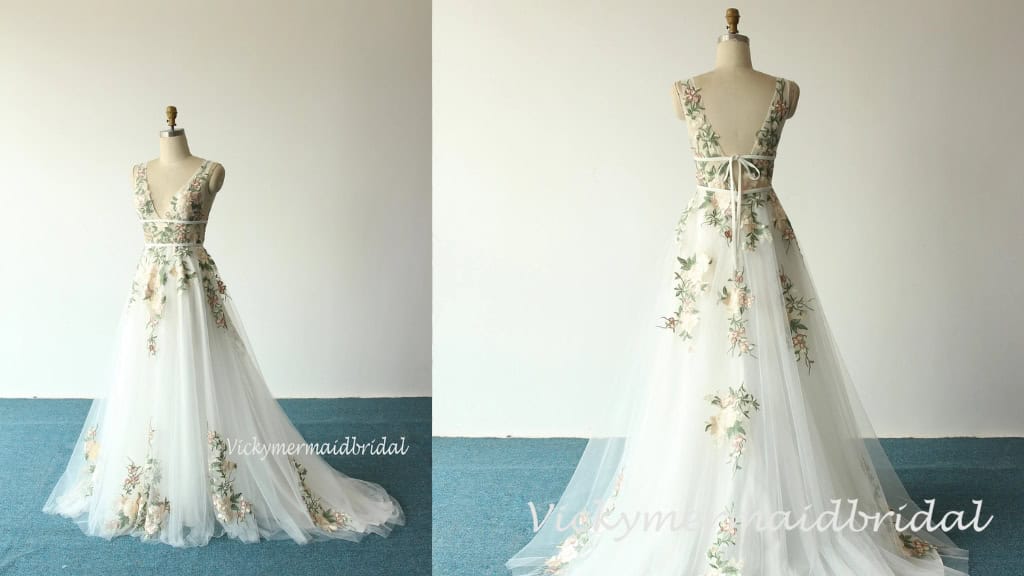 Unique Colorful 3D Lace Garden Wedding Dress