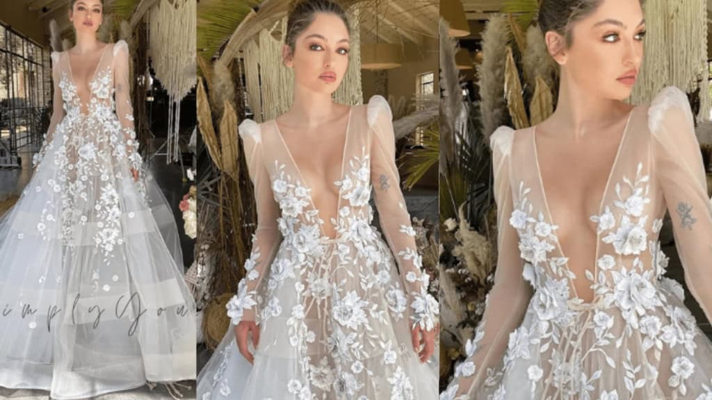 V-Neck Boho Wedding Gown with 3D Flowers