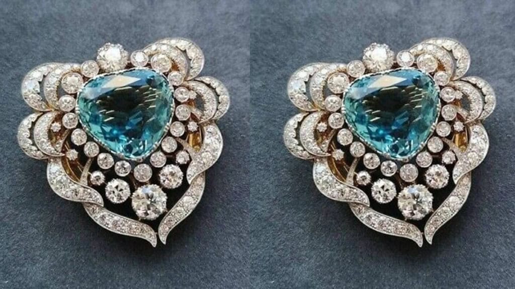 Victorian Aqua Heart CZ Silver Brooch