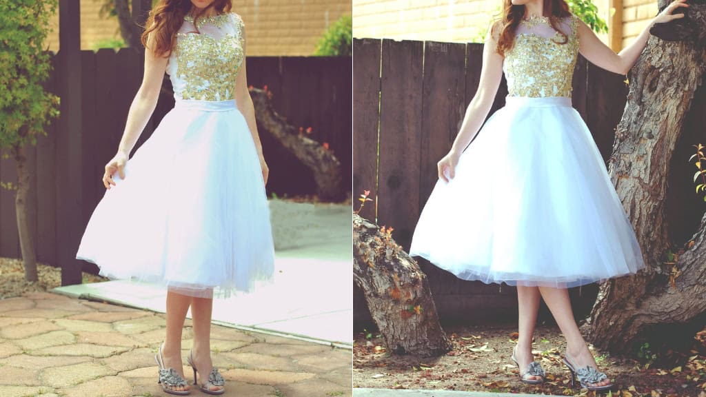 Vintage 1950s Gold White Tea-Length Dress