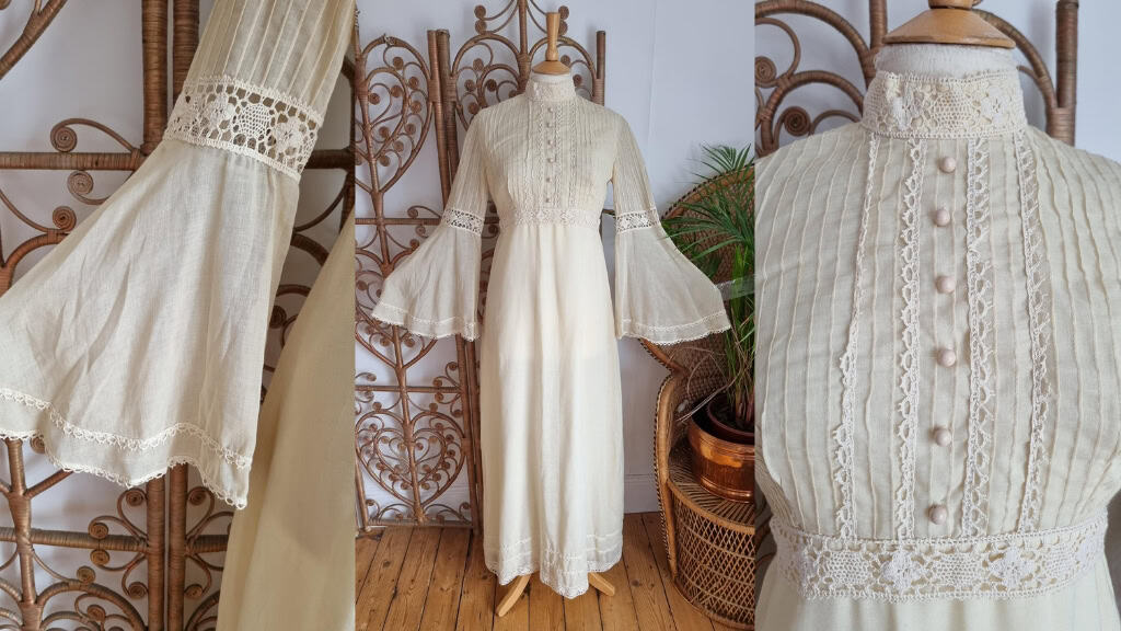 Vintage 70s Crochet Lace Prairie Maxi Dress